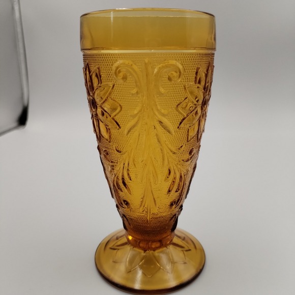 Vintage Indiana Glass Amber Sandwich Pattern Footed Water Goblets 6" Set of 2 - Picture 3 of 9